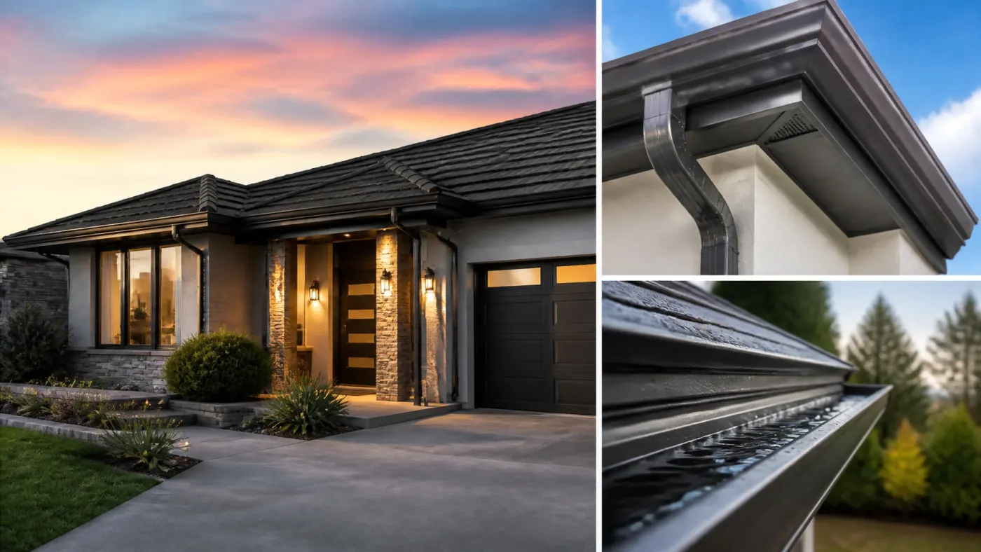 Custom dark seamless gutters on a finished home and close-up roofline details