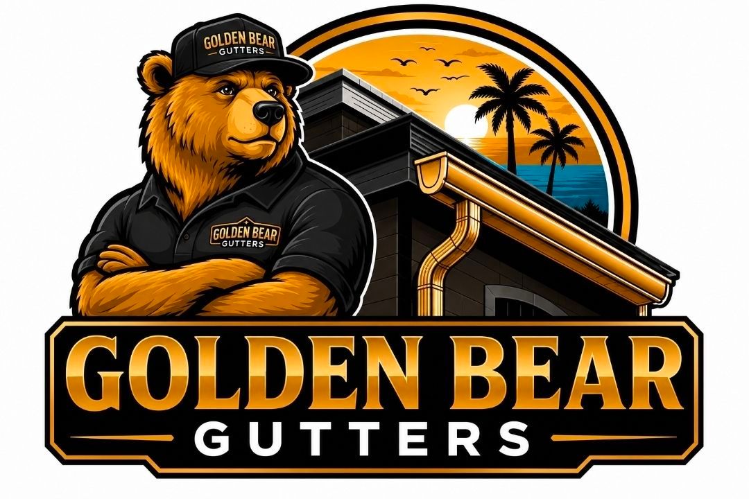 Golden Bear Gutters branding graphic showing a bear beside a house with gold gutters and a sunset